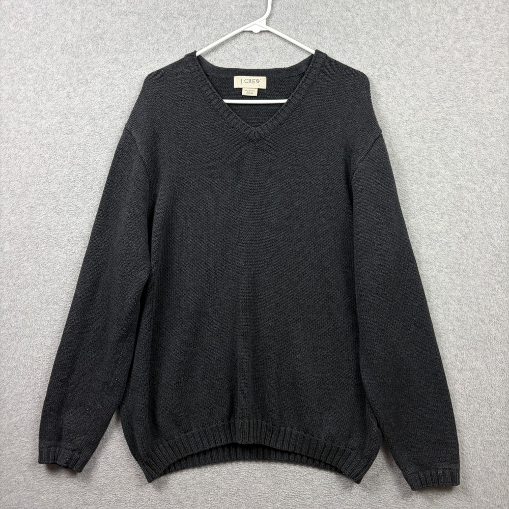 Vintage J Crew Sweater Mens Large Gray Cotton Knit V Neck Pullover Heavy Y2K